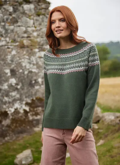 Holly Merino Fairisle Crew Neck Sweater in Olive Green